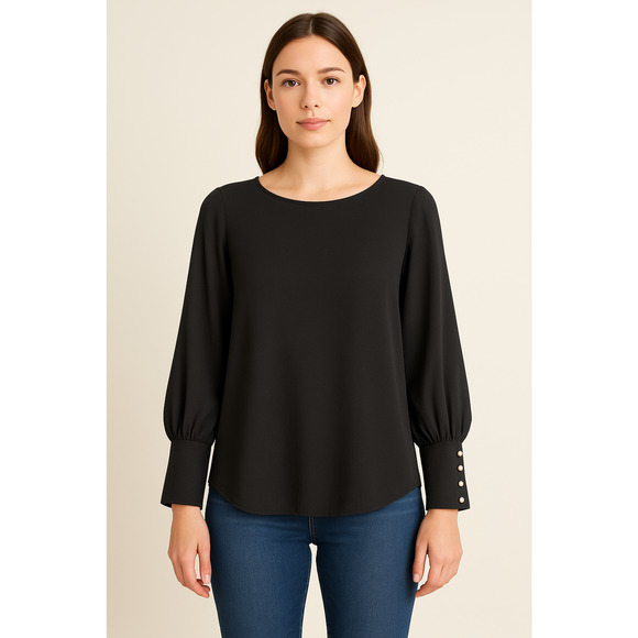 Ann Taylor Black Chiffon Crepe Pearl Button Cuff Mutton Sleeve Classic Blouse XS - Picture 1 of 8